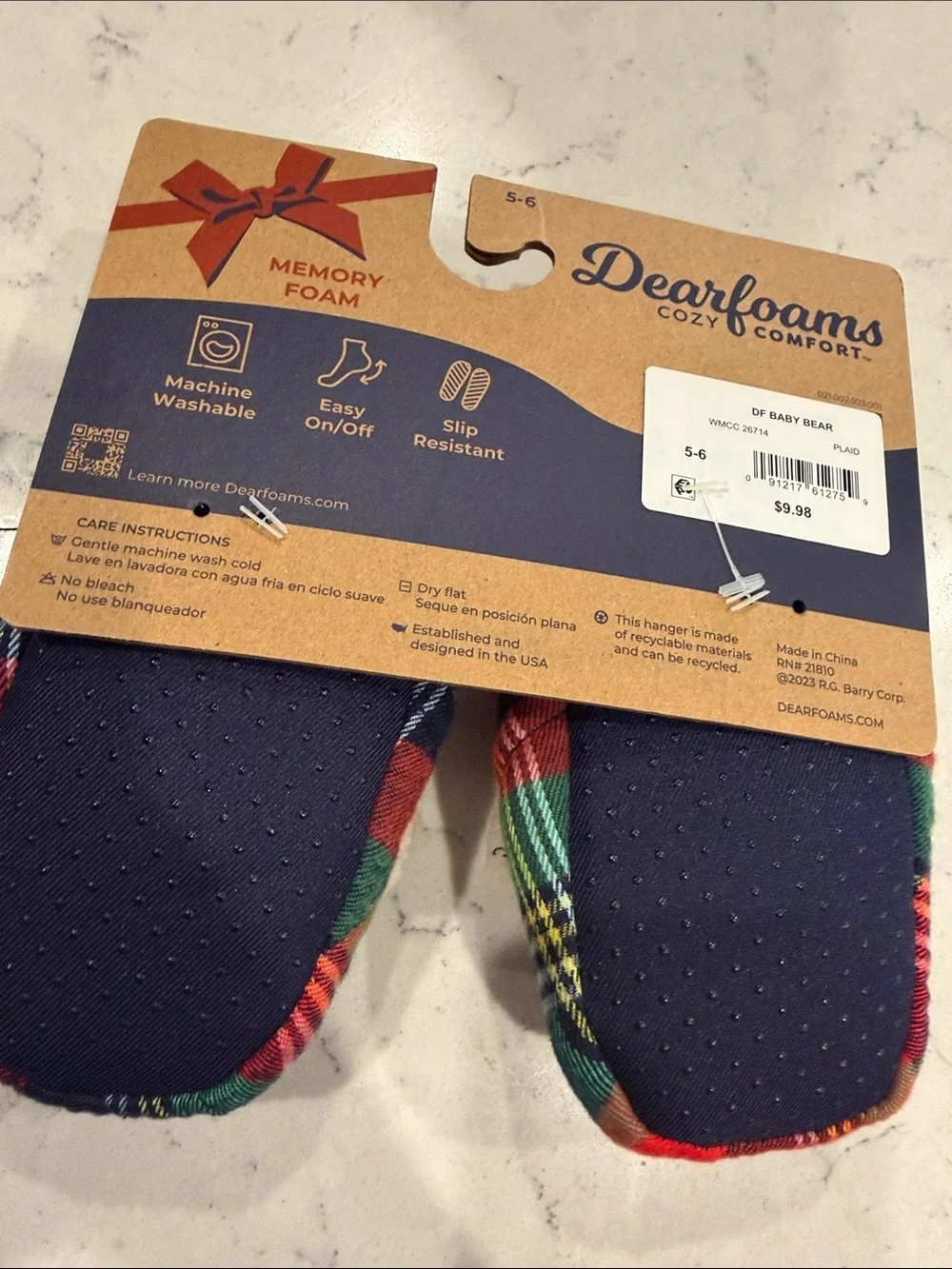 dearfoams Red & Green Plaid Baby Bear Memory Foam Slippers NWT